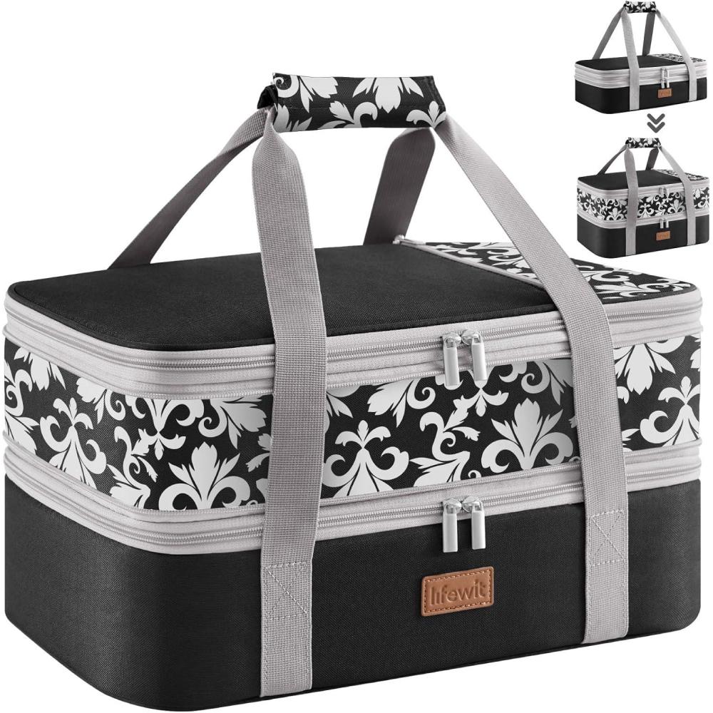 imageLifewit Insulated Double Casserole Carrier Thermal Lunch Tote for Potluck Parties Picnic Beach Fits 9 x 13 Inches Casserole Dish Expandable by Mid Zipper GreyBlackFlowers