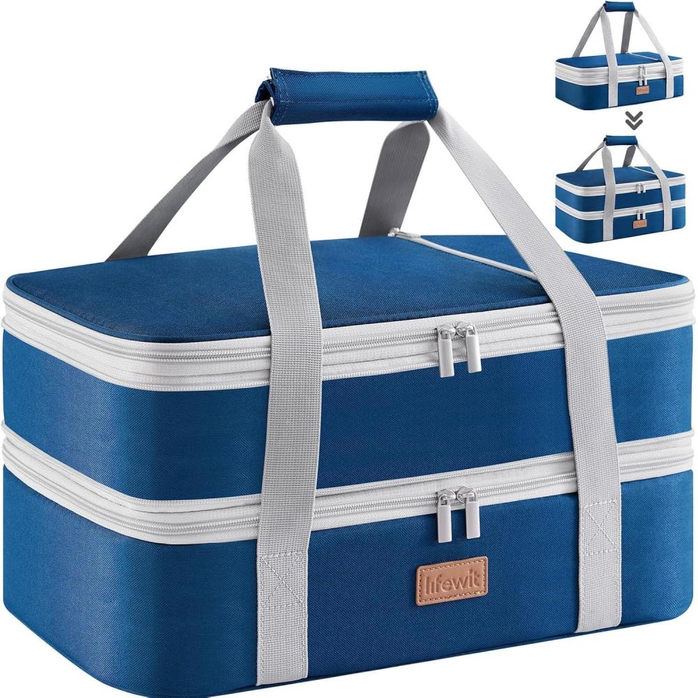 imageLifewit Insulated Double Casserole Carrier Thermal Lunch Tote for Potluck Parties Picnic Beach Fits 9 x 13 Inches Casserole Dish Expandable by Mid Zipper GreyPure Blue