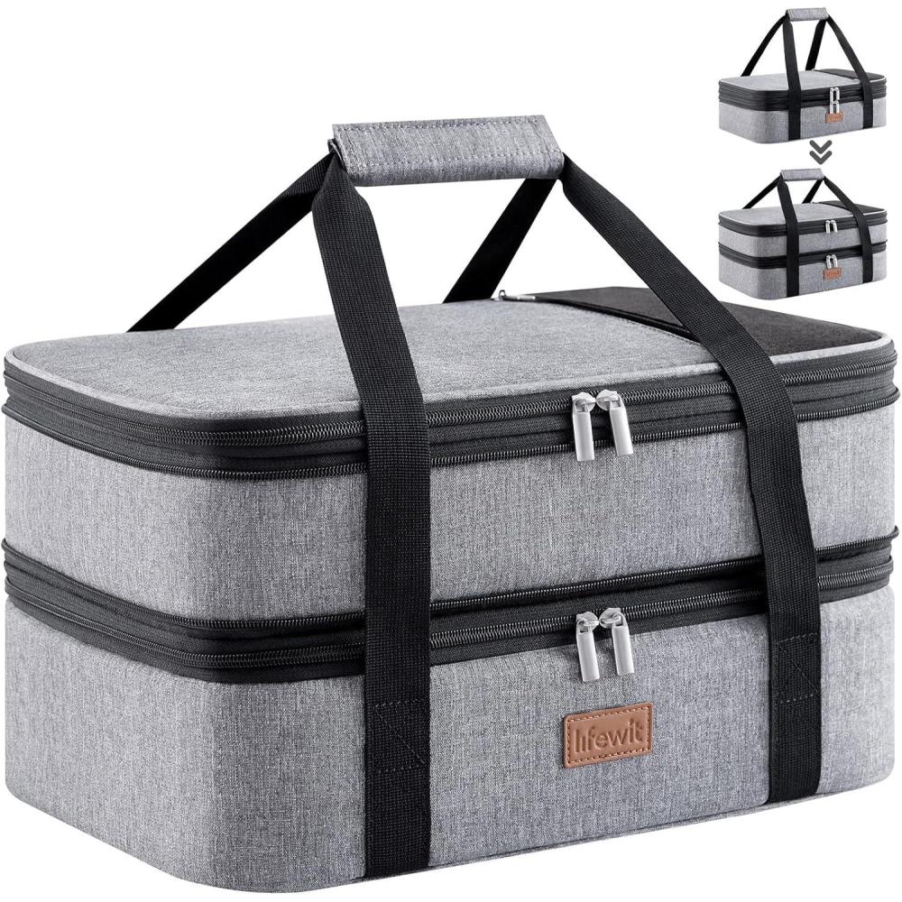 imageLifewit Insulated Double Casserole Carrier Thermal Lunch Tote for Potluck Parties Picnic Beach Fits 9 x 13 Inches Casserole Dish Expandable by Mid Zipper GreyGray