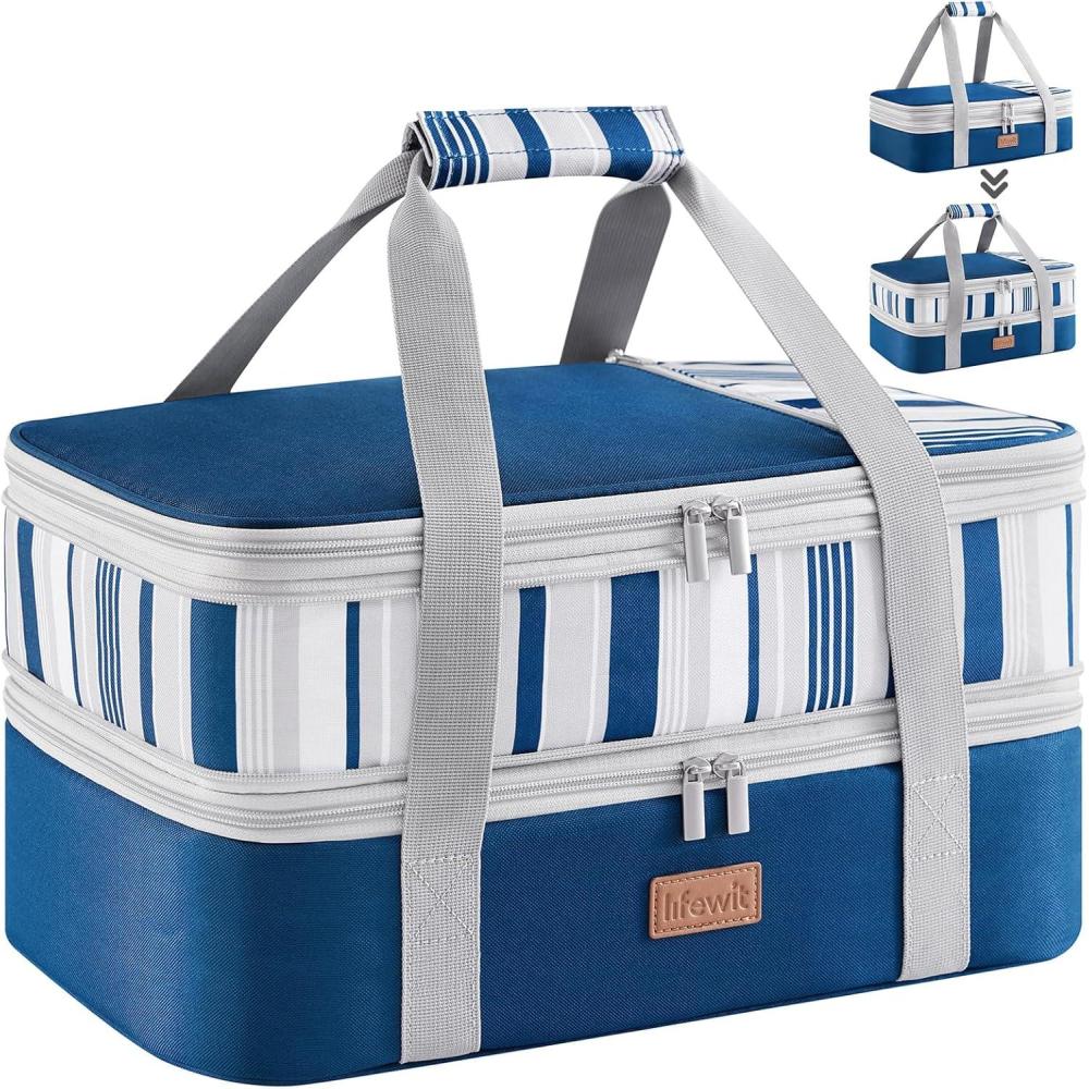 imageLifewit Insulated Double Casserole Carrier Thermal Lunch Tote for Potluck Parties Picnic Beach Fits 9 x 13 Inches Casserole Dish Expandable by Mid Zipper GreyBlue