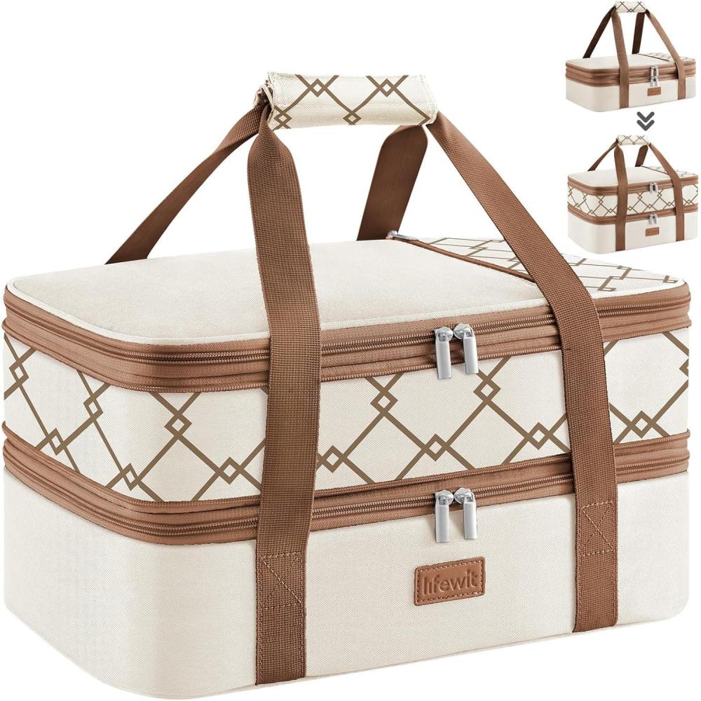 imageLifewit Insulated Double Casserole Carrier Thermal Lunch Tote for Potluck Parties Picnic Beach Fits 9 x 13 Inches Casserole Dish Expandable by Mid Zipper GreyCreamgeometric