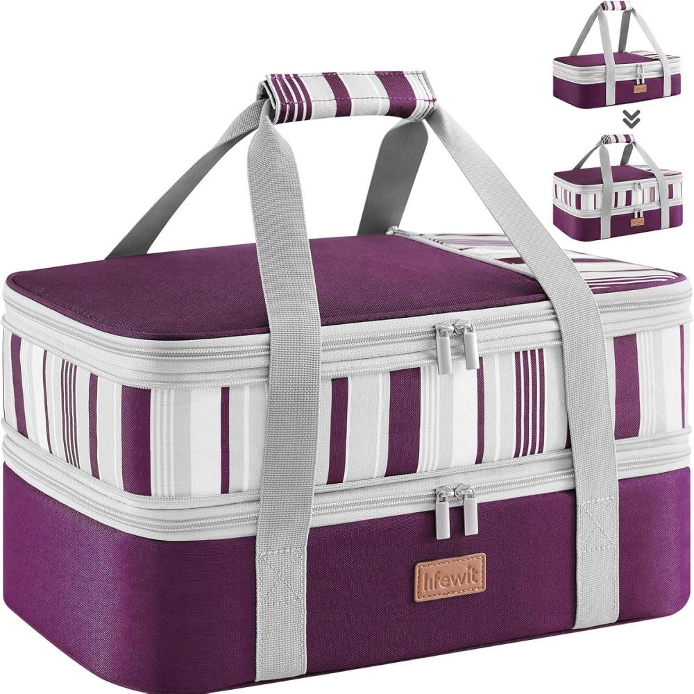 imageLifewit Insulated Double Casserole Carrier Thermal Lunch Tote for Potluck Parties Picnic Beach Fits 9 x 13 Inches Casserole Dish Expandable by Mid Zipper GreyPurple