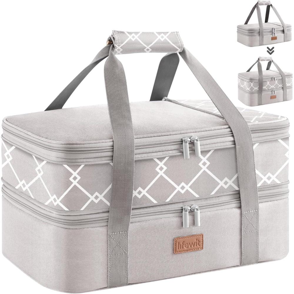 imageLifewit Insulated Double Casserole Carrier Thermal Lunch Tote for Potluck Parties Picnic Beach Fits 9 x 13 Inches Casserole Dish Expandable by Mid Zipper GreyGreygeometric