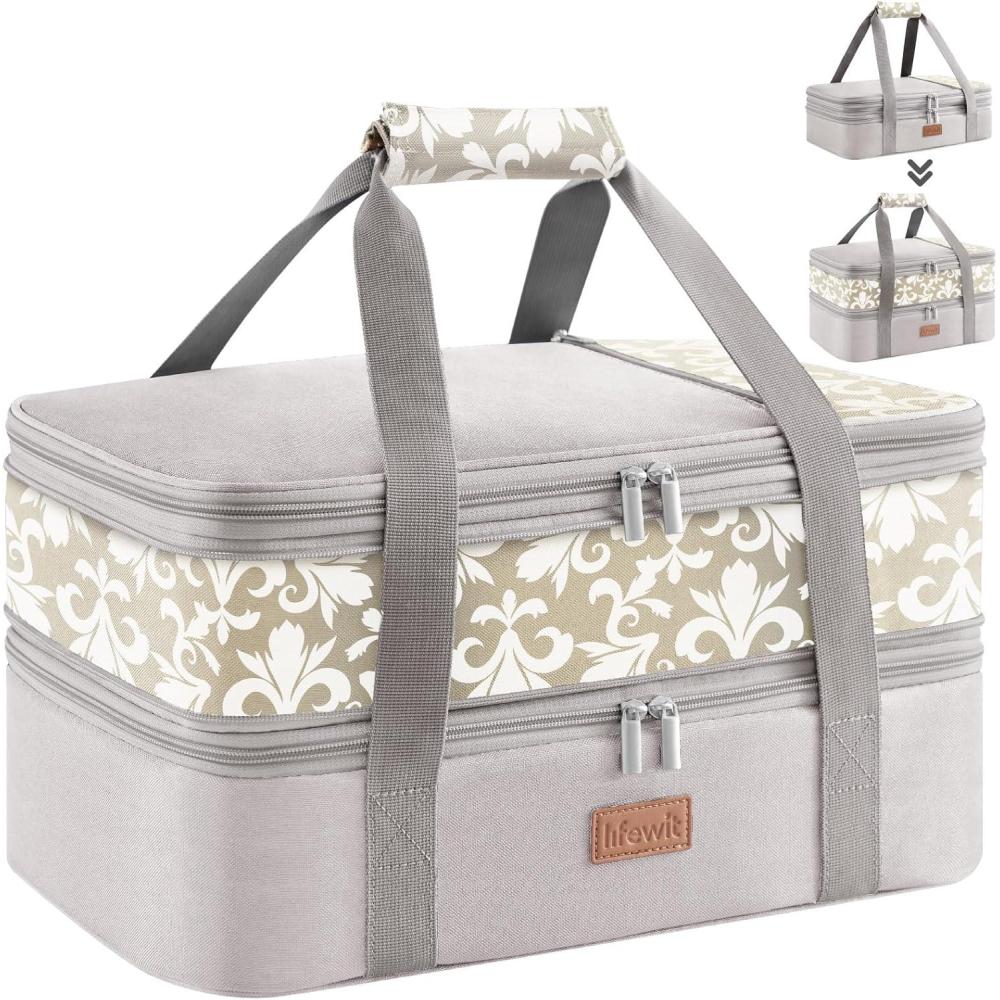 imageLifewit Insulated Double Casserole Carrier Thermal Lunch Tote for Potluck Parties Picnic Beach Fits 9 x 13 Inches Casserole Dish Expandable by Mid Zipper GreyGreyFlowers