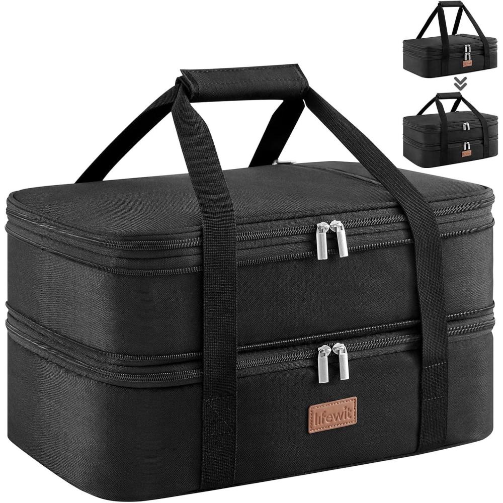 imageLifewit Insulated Double Casserole Carrier Thermal Lunch Tote for Potluck Parties Picnic Beach Fits 9 x 13 Inches Casserole Dish Expandable by Mid Zipper GreyBlack