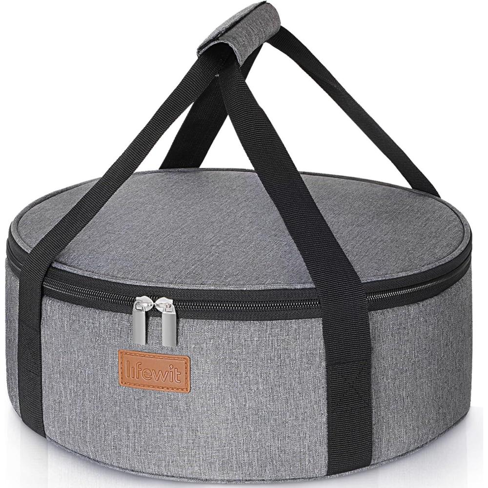 imageLifewit Insulated Double Decker Round Casserole Carrier Portable Pie Carrier Bag for Hot or Cold Food Fits 125quot Baking Dish Thermal Lunch Tote for Potluck Parties Picnic and Cookouts GreyGray