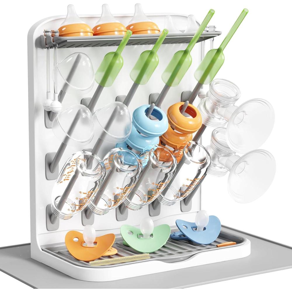 imageLifewit Large Baby Bottle Drying Rack with Drain Mat 15 Hooks Vertical Rack Dryer with Removable Pacifiers Box Drip Tray Space Saving Countertop Holder Organizer for Weighted Straws Pump Parts