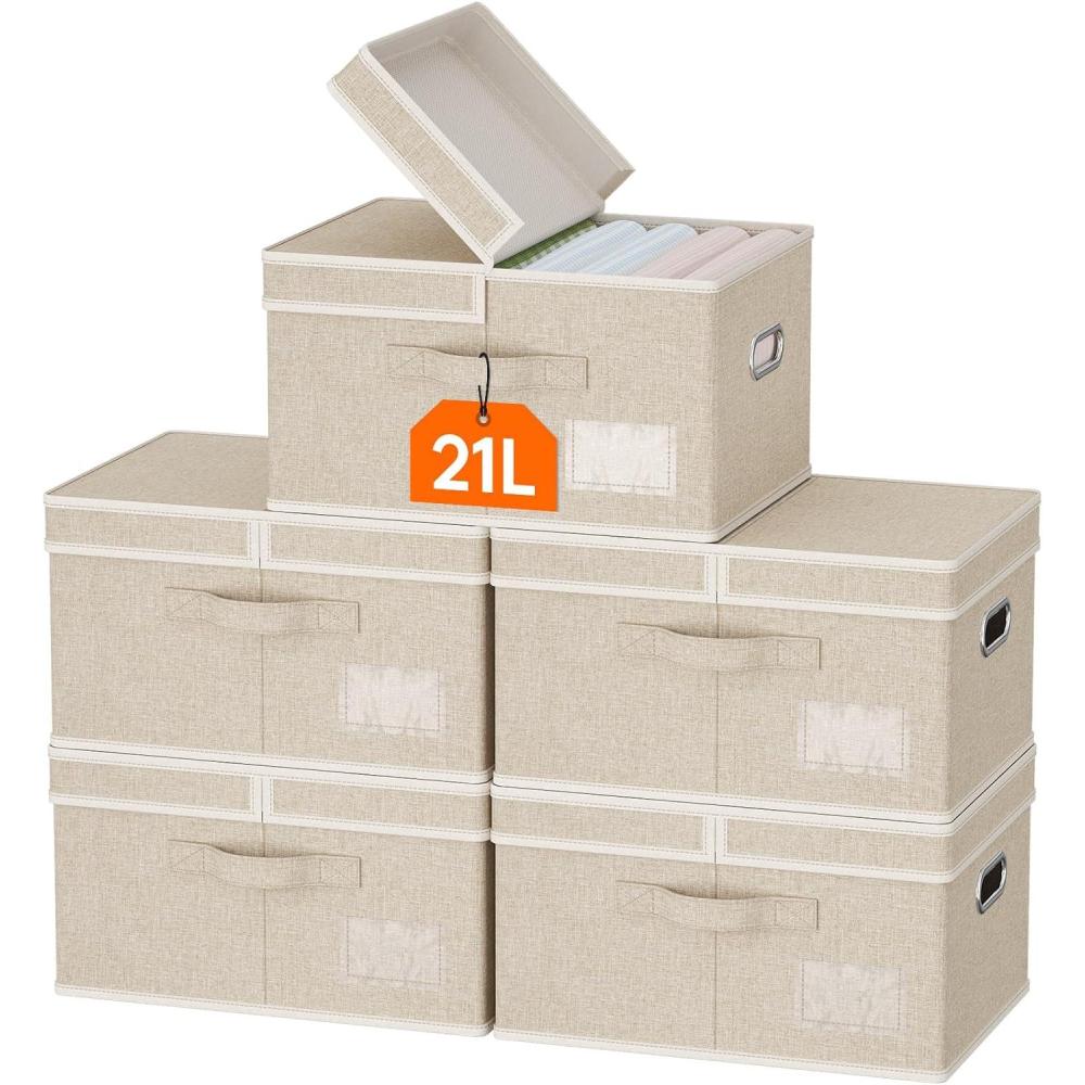 imageLifewit Large Clothes Storage Bins with Lids Fabric Foldable Storage Boxes with Handles Decorative Closet Organizer Stackable Cube Baskets Container for Bedroom Office 2 Packs 345L Beige5
