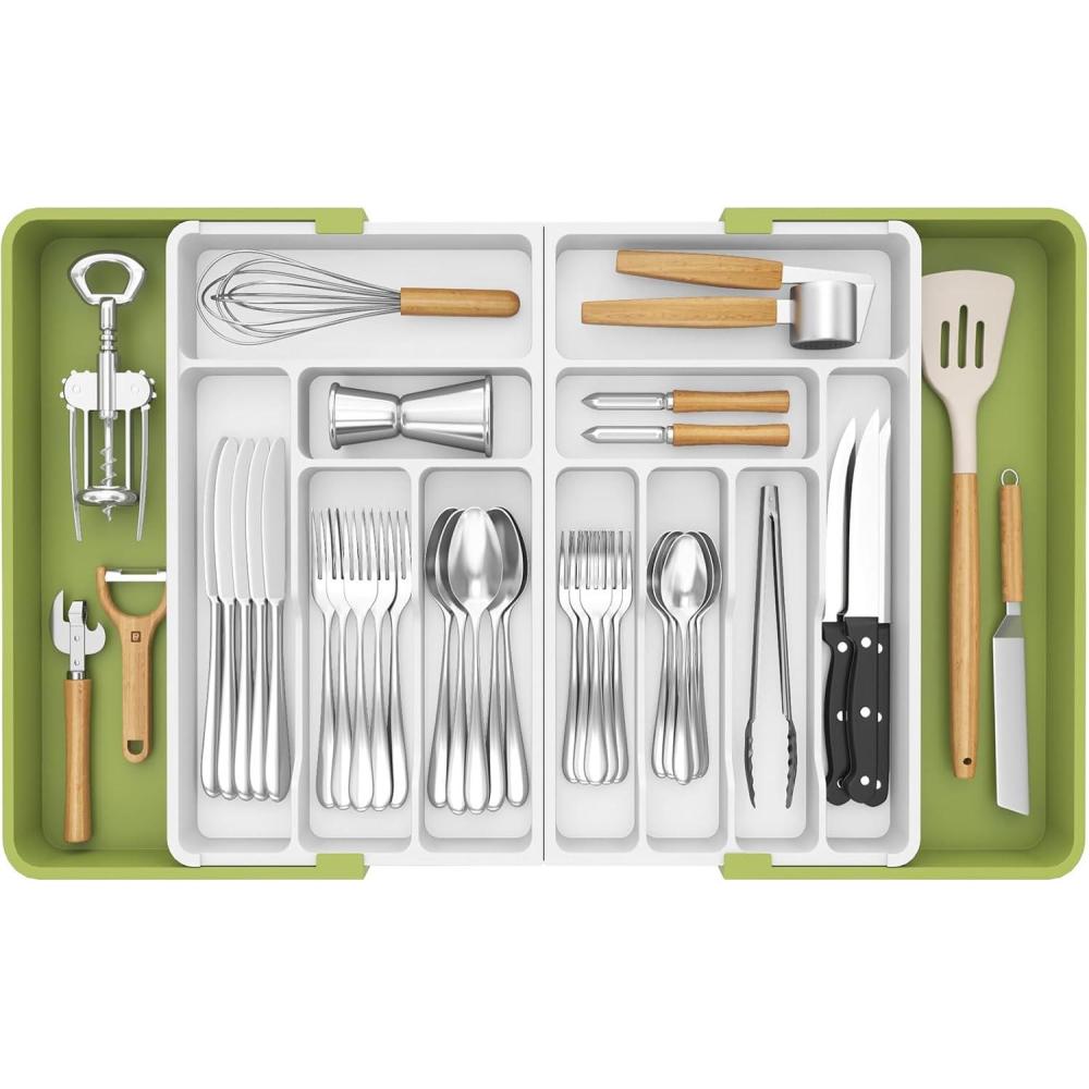 imageLifewit Large Silverware Drawer Organizer Expandable From 21 to 36 Inches BPA Free Plastic Utensil Tray for Kitchen Adjustable Flatware and Cutlery Holder for Spoons Forks Knives BlackGreenWhite