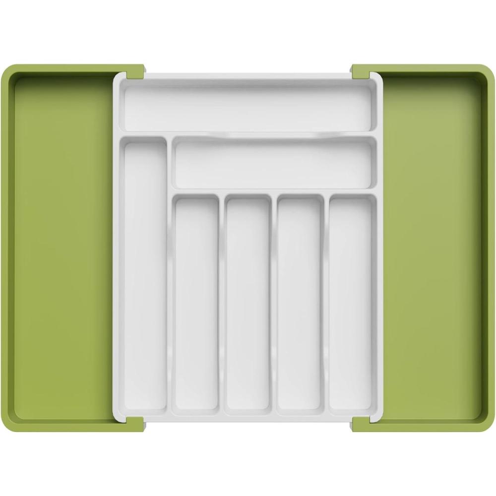 imageLifewit Large Silverware Drawer Organizer Plastic Cooking Utensil Tray for Kitchen Expandable From 21 to 36 Inches Adjustable Flatware Cutlery Spoon Fork Knife Spatula Gadgets Holder BlackGreenWhite