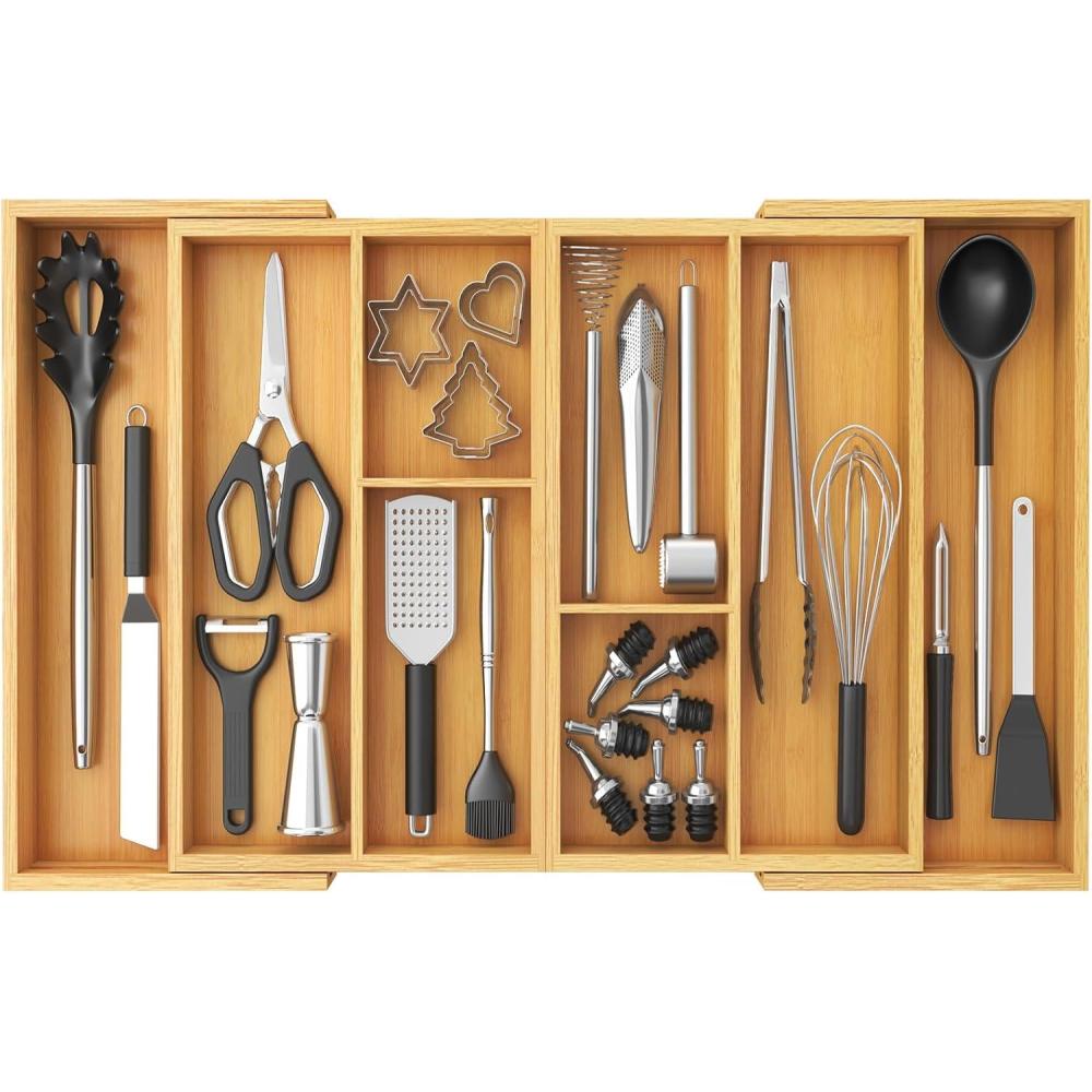 imageLifewit Large Utensil Organizer for Kitchen Drawer Expandable 214 to 36 Inches Wide Adjustable Cooking Silverware Tray Bamboo Cutlery Flatware Holder Spatula Tool Gadget Storage Divider NaturalNatural