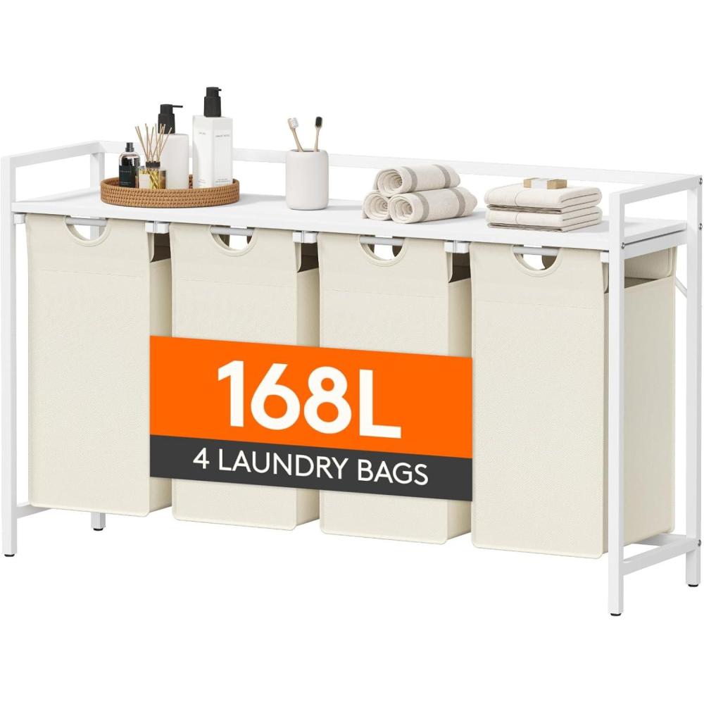 imageLifewit Laundry Hamper 4 Section 168L Pull out Laundry Clothes Basket Organizer with Large Top Shelf and 4 Removable Bags and Handles Laundry Sorter for Laundry Room Bedroom Bathroom BlackWhite