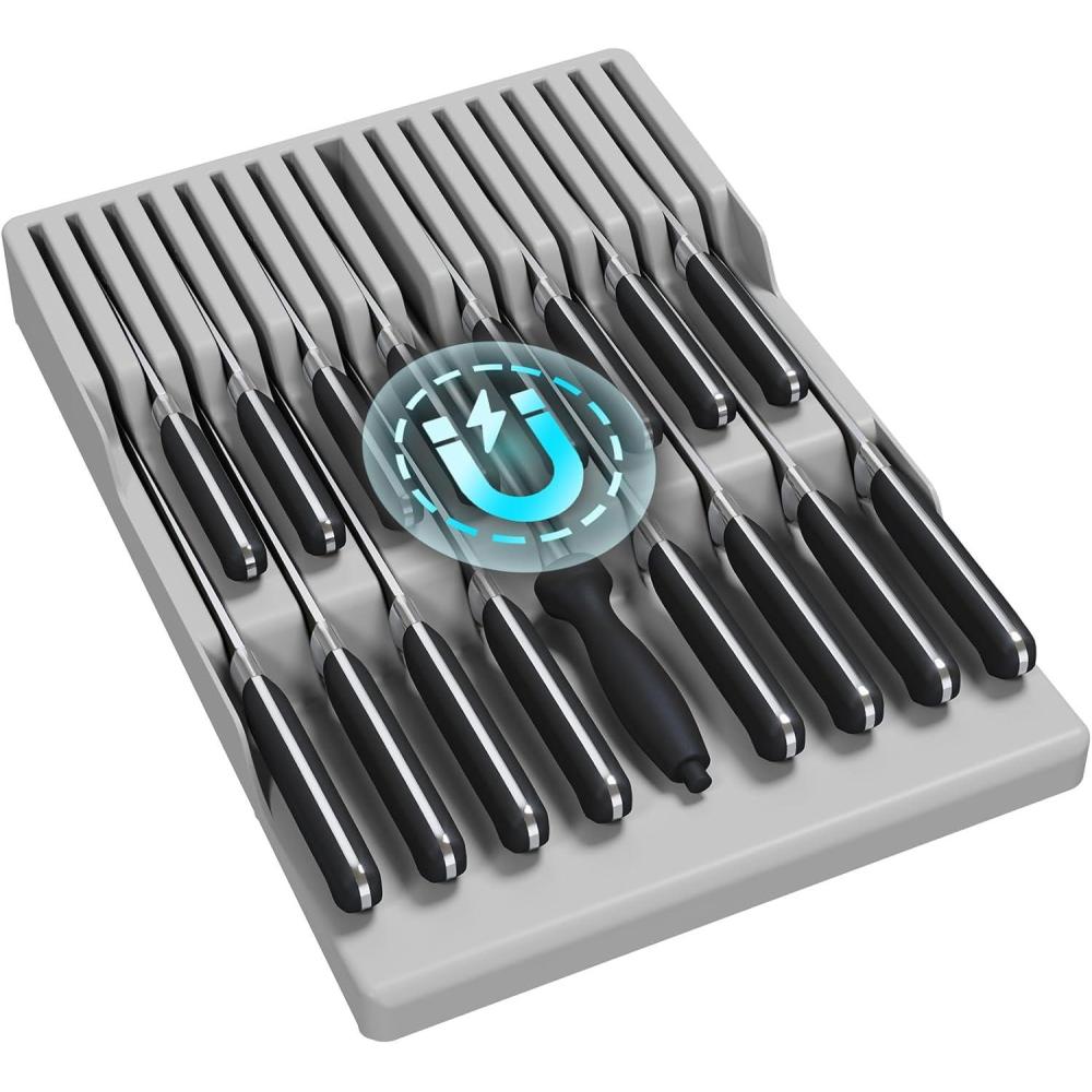 imageLifewit Magnetic Drawer Knife Organizers Insert Kitchen Plastic In Drawer Knife Block Slots for 16 Knives and 1 Sharpening Steel Extra Large Steak Chefs Knives Holder Storage Sets GrayGray