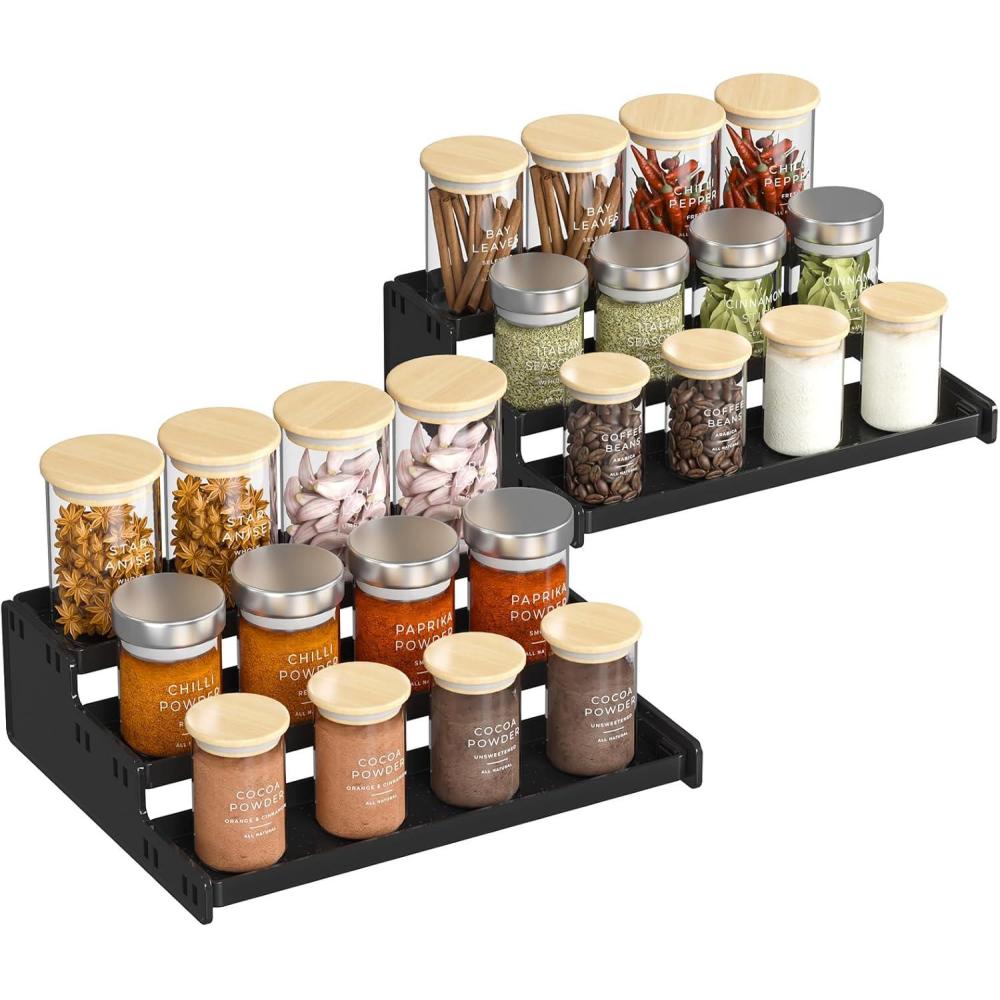 imageLifewit Plastic 2 Pack 3Tier Spice Rack Clear Spice Organization for Cabinet Counter Organizer Shelf for Condiment Seasoning Syrup Liquor Medicine and Perfume for Kitchen Pantry Bar BathBlack