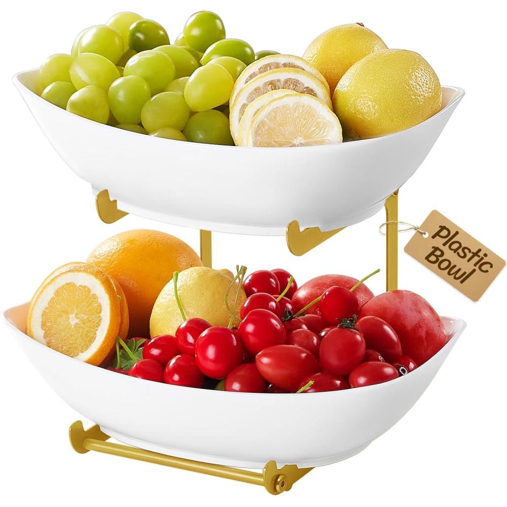 imageLifewit Plastic Fruit Bowl Basket for Kitchen Countertop 3 Tier Fruit Holder with Gold Metal Stand Serving Tray for Food Vegetable Cake Dessert in PartyGold