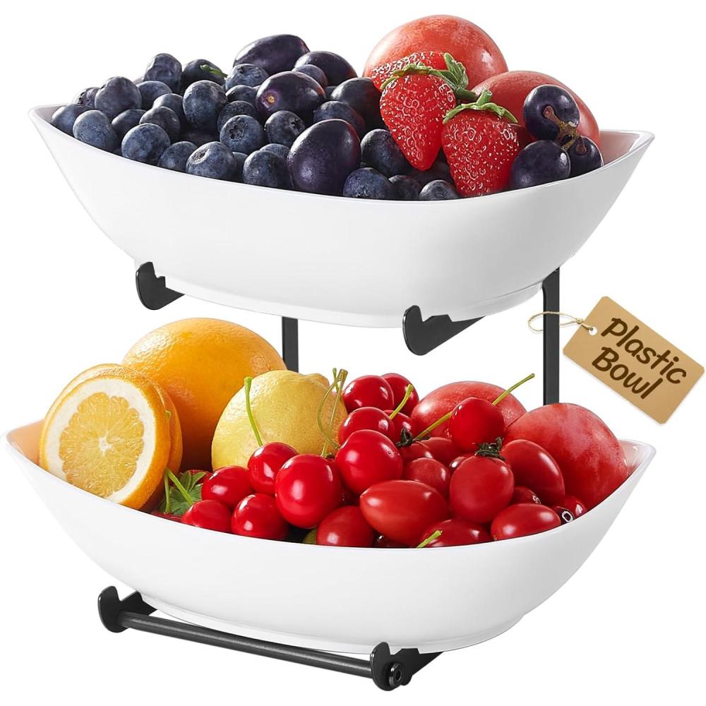 imageLifewit Plastic Fruit Bowl Basket for Kitchen Countertop 3 Tier Fruit Holder with Gold Metal Stand Serving Tray for Food Vegetable Cake Dessert in PartyBlack