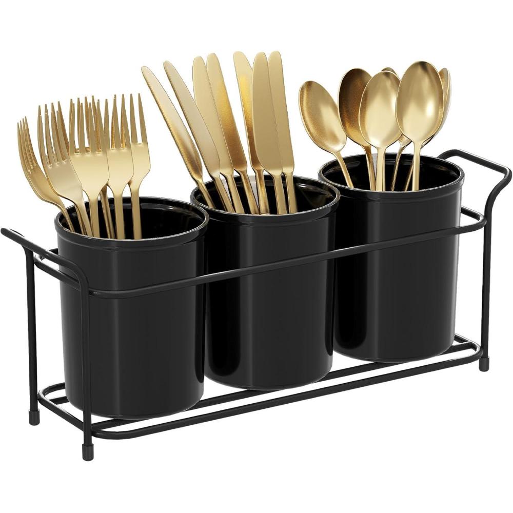 imageLifewit Plastic Silverware Caddy with Metal Rack Utensil Holder for Party Cutlery Flatware Organizer for Kitchen Countertop Forks Spoons Knives Storage for Picnic Camping Outdoor Buffet WhiteBlack
