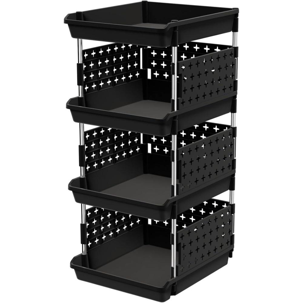 imageLifewit Plastic Stackable Storage Baskets 4 Tier Stacking Bins 138quotD x 118quotW x 283quotH Large Capacity MultiFunctional Containers Shelves for Pantry Playroom Kitchen and Bedroom 1 Pack WhiteBlack