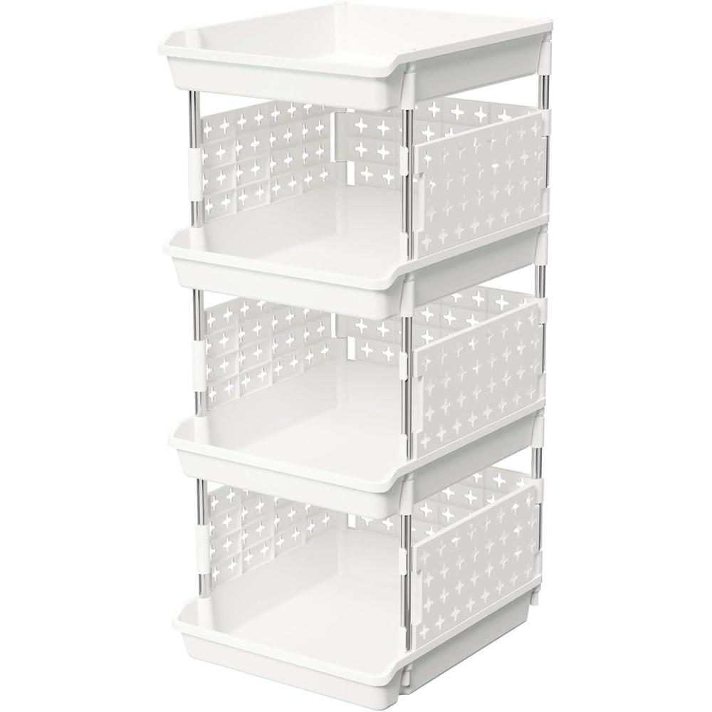 imageLifewit Plastic Stackable Storage Baskets 4 Tier Stacking Bins 138quotD x 118quotW x 283quotH Large Capacity MultiFunctional Containers Shelves for Pantry Playroom Kitchen and Bedroom 1 Pack WhiteWhite
