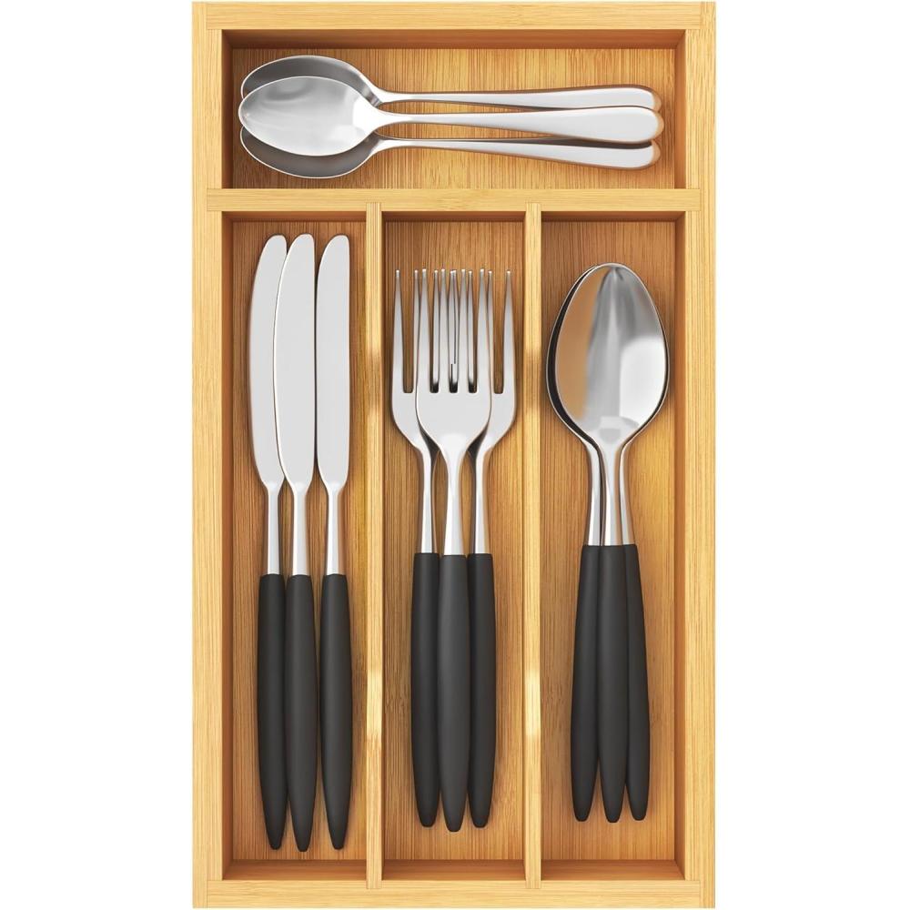 imageLifewit Silverware Drawer Organizer Tray Bamboo Cutlery Storage for Kitchen Drawer 6 Compartment Flatware and Utensil Holder Divider for Spoons Forks Knives Tableware NaturalNatural