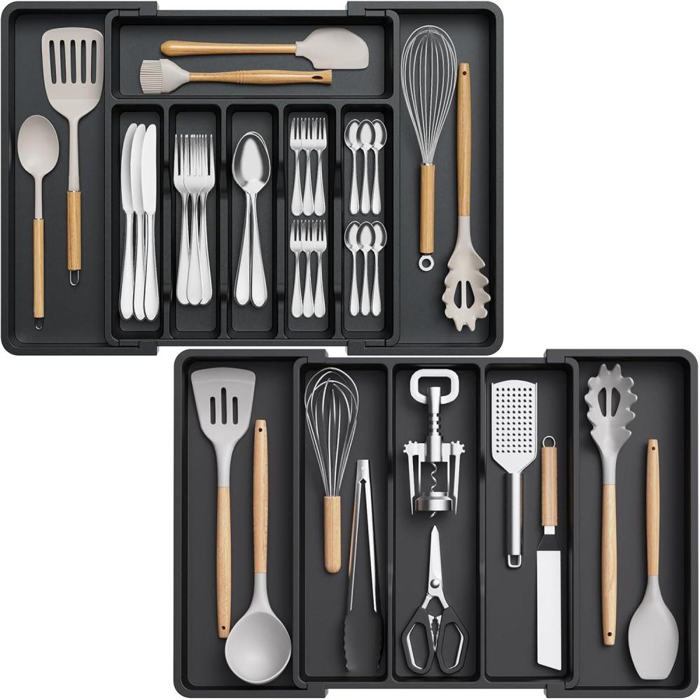 imageLifewit Silverware Drawer Organizer and Utensil Organizer Set Expandable Cooking Cutlery Tray for Kitchen Adjustable Plastic Flatware Holder Storage Divider for Spoons Forks Knives Large BlackBlack