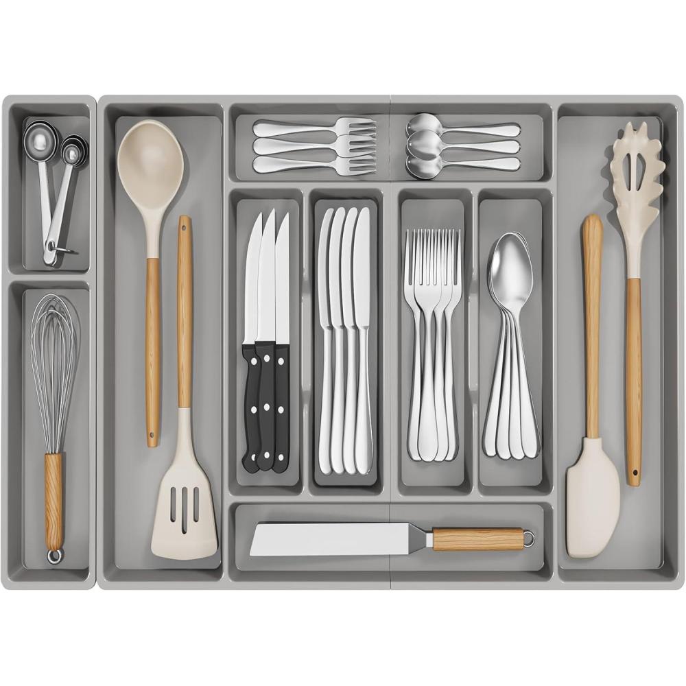 imageLifewit Silverware Organizer Plastic Kitchen Utensil Drawer Tray Cutlery Flatware Storage Holder for Spoons Forks Knives 20 x 16 Inches 8 Compartment Gray282 x 165 x 2 IN