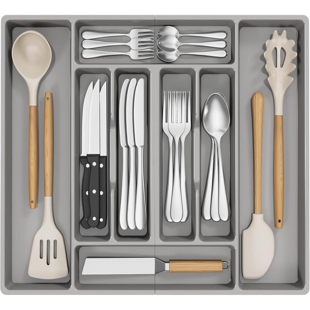 imageLifewit Silverware Organizer Plastic Kitchen Utensil Drawer Tray Cutlery Flatware Storage Holder for Spoons Forks Knives 20 x 16 Inches 8 Compartment Gray203 x 165 x 2 IN