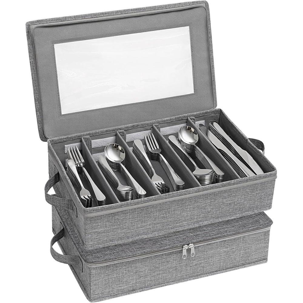 imageLifewit Silverware Storage Box Covered Flatware Organizer with Zipper Lid 5 Compartment Cutlery Case with Adjustable Divider and Handle Utensil Container for Spoon Fork Knives Gray 1 Pack2