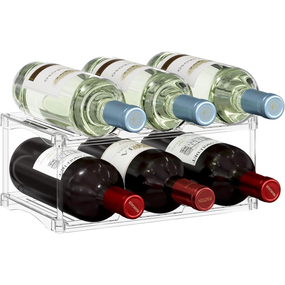 imageLifewit Stackable Bottle Storage Organizer Freestanding Wine Bottle Holder for Cabinet Plastic Large Compartment Wine Rack for Fridge Cellar Kitchen Pantry Storage 3Tier Hold 92 Tier6 Bottle