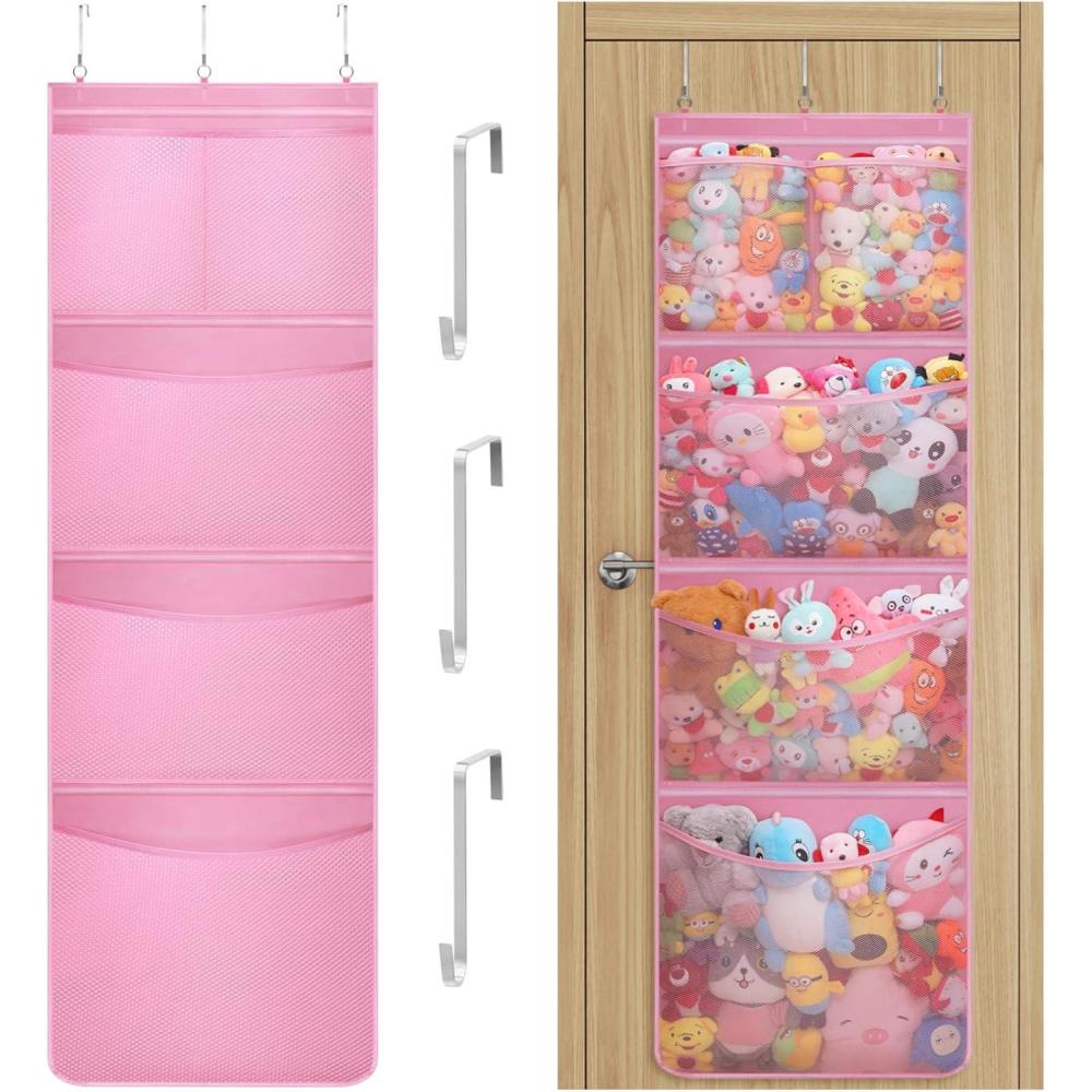 imageLifewit Stuffed Animal Storage for Door Up to 17quot Thick 1 Pack Over the Door Organizer with 5 Expandable Mesh Pockets Breathable Oxford Fabric Hanging Kid Plush Baby Toy Holder for Nursery WhitePink