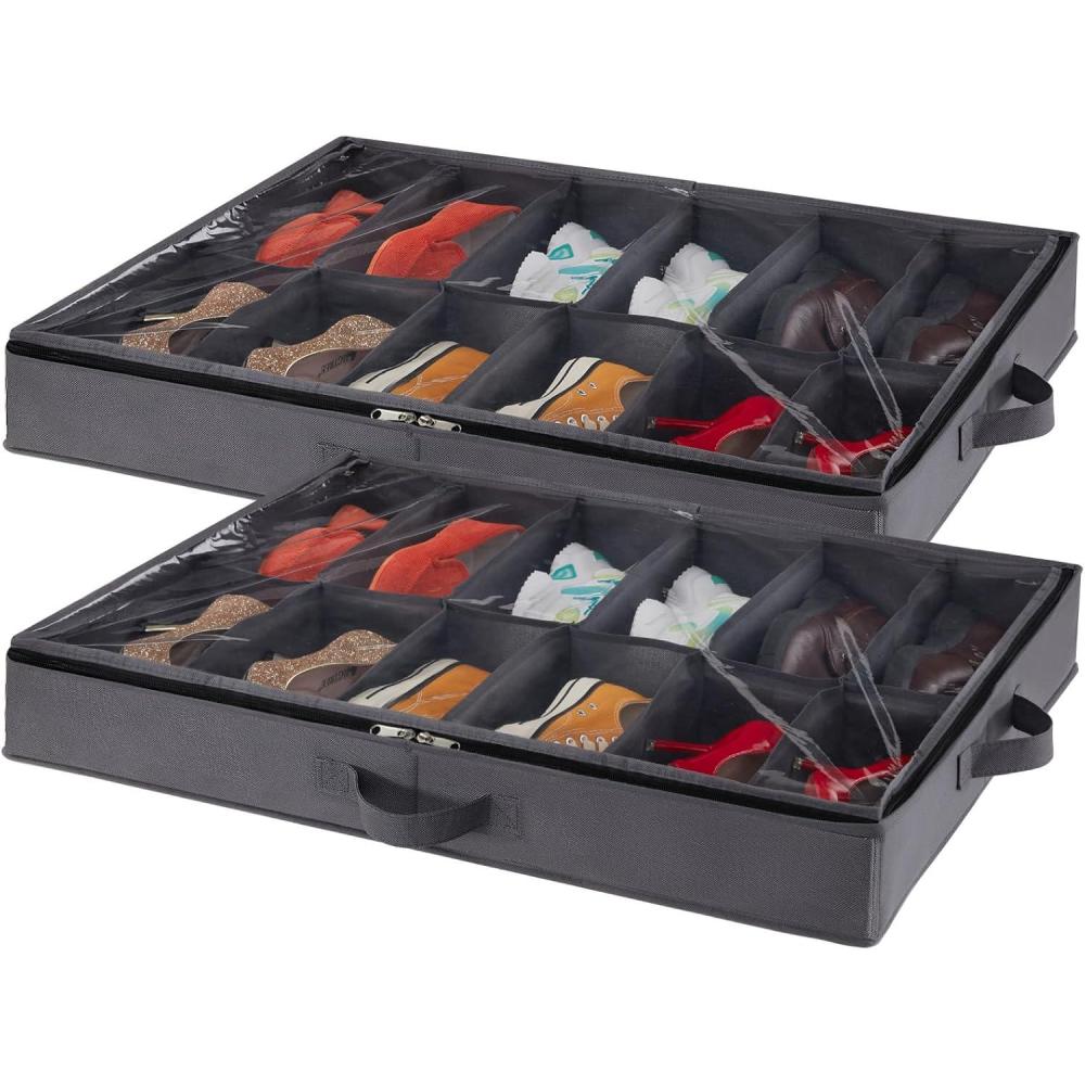 imageLifewit Under Bed Shoe Storage Organizer Set of 2 43 Inches Tall Low Profile Fabric Shoes Container Box with Clear Cover Foldable Storage Bag with 2 Handles Total Fits 24 Pairs of Shoes GreyGray