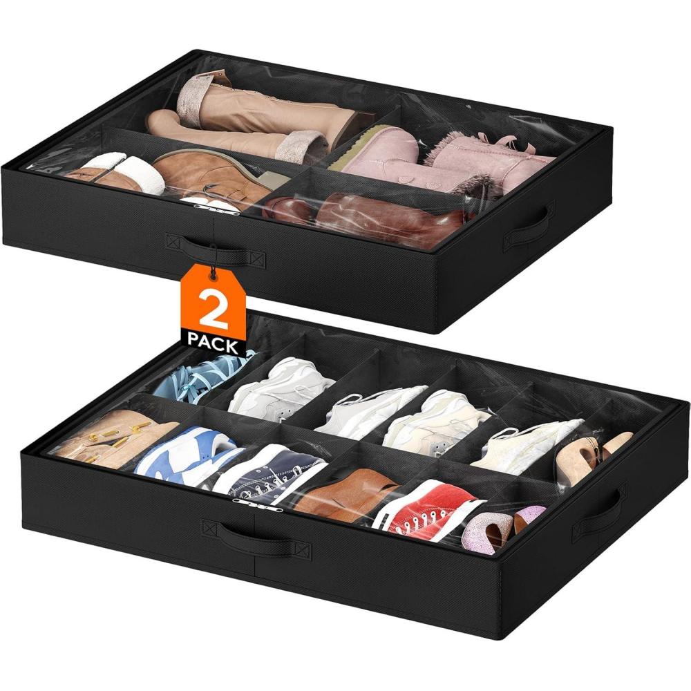 imageLifewit Under Bed Shoe Storage Organizer Set of 2 43 Inches Tall Low Profile Fabric Shoes Container Box with Clear Cover Foldable Storage Bag with 2 Handles Total Fits 24 Pairs of Shoes GreyBlack
