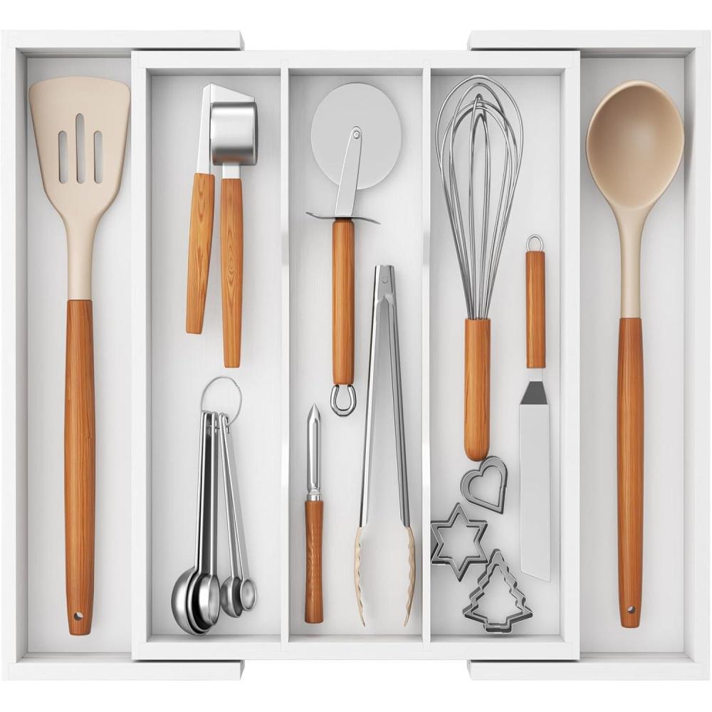 imageLifewit Utensil Drawer Organizer Expendable Cooking Silverware Tray for Kitchen Drawer Bamboo Adjustable Cutlery Flatware Holder Spatula Tools and Gadgets Storage Divider 3 Compartments NaturalWhite