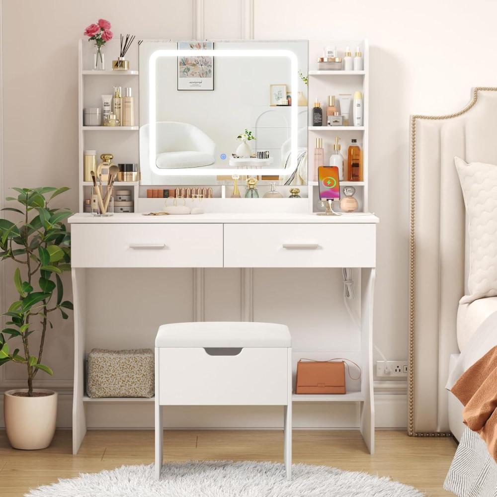 imageLifewit Vanity with Mirror and Lights Adjustable ColorBrightness 2 Power Outlets 2 USB Ports White Makeup Desk with Storage Stool 8 Open Shelves 2 Drawers 2 Lipstick Holders Bottom ShelfLED Light Mirror