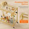 Lifewit Bar Cart, Home Serving Cart with 2 Tier Glass Shelves, Liquor Rolling Cart with Lockable Wheels, Glass Holder and Wine Rack, Beverage Cart for Kitchen Dining Living Room, Gold(modern)