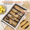 Lifewit Utensil Drawer Organizer, Expendable Cooking Silverware Tray for Kitchen Drawer, Bamboo Adjustable Cutlery Flatware Holder, Spatula Tools and Gadgets Storage Divider, 3 Compartments, Natural(Natural & Black)