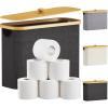 Lifewit 30L Toilet Paper Storage Holder for 12 to 16 Rolls, Free Standing Toilet Paper Basket Stand with Bamboo Lid, Collapsible Fabric Bathroom Organizer Box for Mega Rolls, Large, White(Dark Gray)
