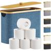 Lifewit 30L Toilet Paper Storage Holder for 12 to 16 Rolls, Free Standing Toilet Paper Basket Stand with Bamboo Lid, Collapsible Fabric Bathroom Organizer Box for Mega Rolls, Large, White(Dark Blue)