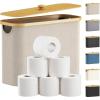 Lifewit 30L Toilet Paper Storage Holder for 12 to 16 Rolls, Free Standing Toilet Paper Basket Stand with Bamboo Lid, Collapsible Fabric Bathroom Organizer Box for Mega Rolls, Large, White(Beige)