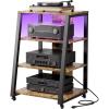 Lifewit 4 Tier AV Media Stand with Power Outlets, Stereo Racks with LED Lights, Wheels and Adjustable Shelves for Record Player, Rolling Media Console, Media Audio Tower Cabinet, 35″, Rustic Brown
