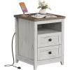 Lifewit Farmhouse Nightstand with Power Outlets and USB Ports, Bedside Table with 2 Drawers and 1 Open Storage Space, Side Table, End Table, Night Stand for Bedroom, Rustic White