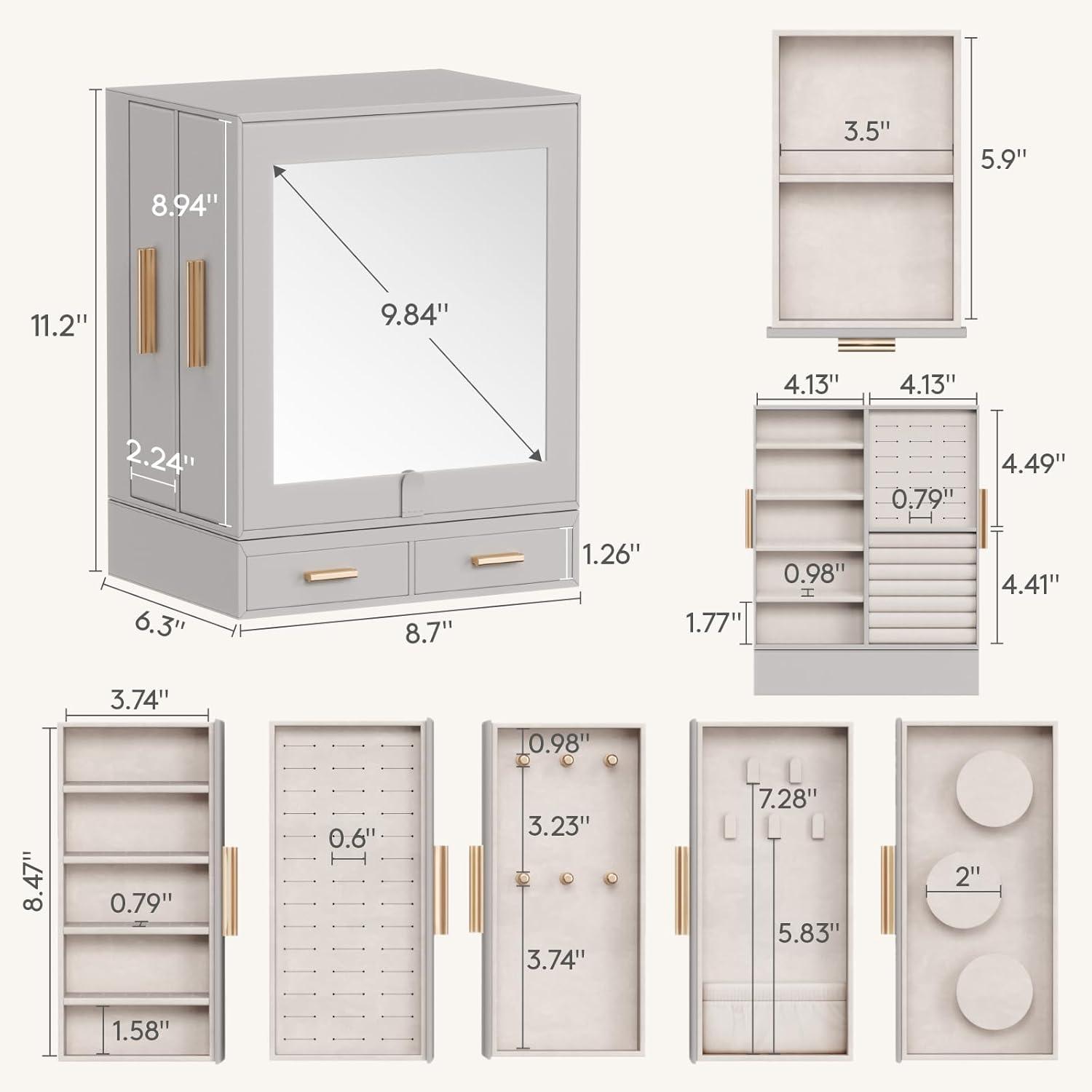 imageLifewit Jewelry Box 360 Rotating Large Adjustable Angle Mirror Jewelry Storage Case with 6 Drawers Open Design Jewelry Organizer for Ring Necklace Earring Bracelet Great Gift Creamy WhiteLight Gray