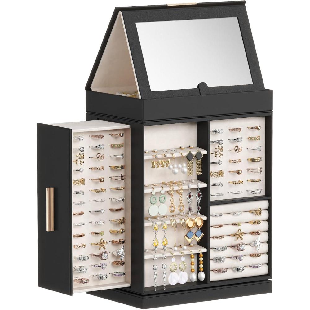 imageLifewit 360 Rotating Jewelry Box Top Magnetic Box wth Mirror 2 Sides Plus 2 Large Drawers Jewelry Organizer and Storage Case for Ring Necklace Earring Bracelet Gift Idea Creamy WhiteInky Black