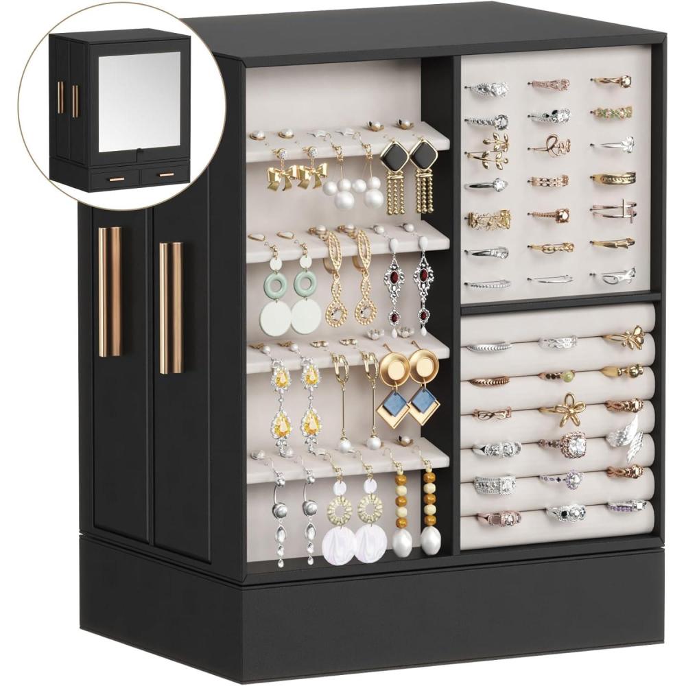 imageLifewit Jewelry Box 360 Rotating Large Adjustable Angle Mirror Jewelry Storage Case with 6 Drawers Open Design Jewelry Organizer for Ring Necklace Earring Bracelet Great Gift Creamy WhiteInky Black