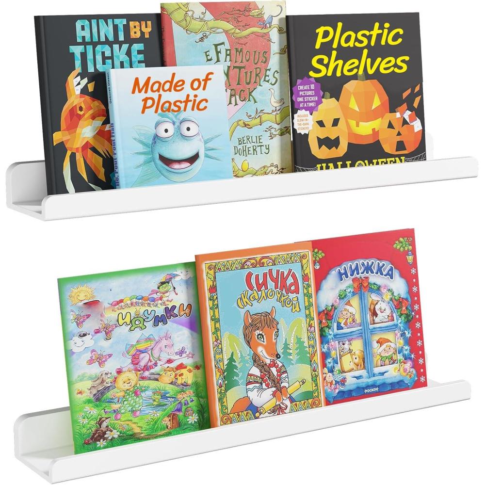 imageLifewit Plastic Floating Nursery Book Shelves for Wall Set of 4 24 inch White Long Kids Bookshelf Kids Room Bedroom Study Storage Display Organizer DecorWhite