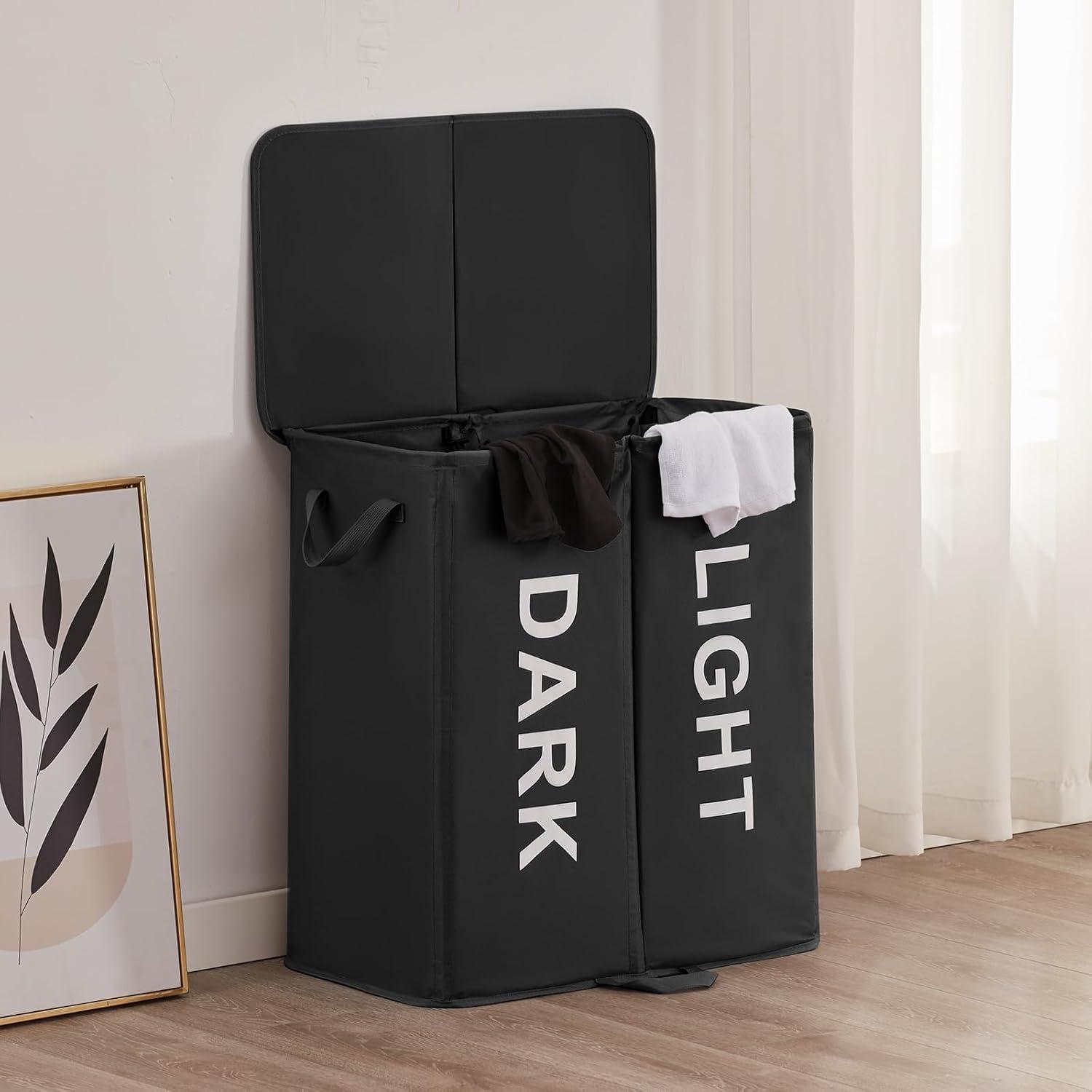 imageLifewit 136L Double Laundry Hamper with Lid and Removable Laundry Bags Large Divided Hamper Collapsible 2 Section Laundry Basket with Handles for Bedroom Bathroom College Dorm Laundry Room GreyBlack