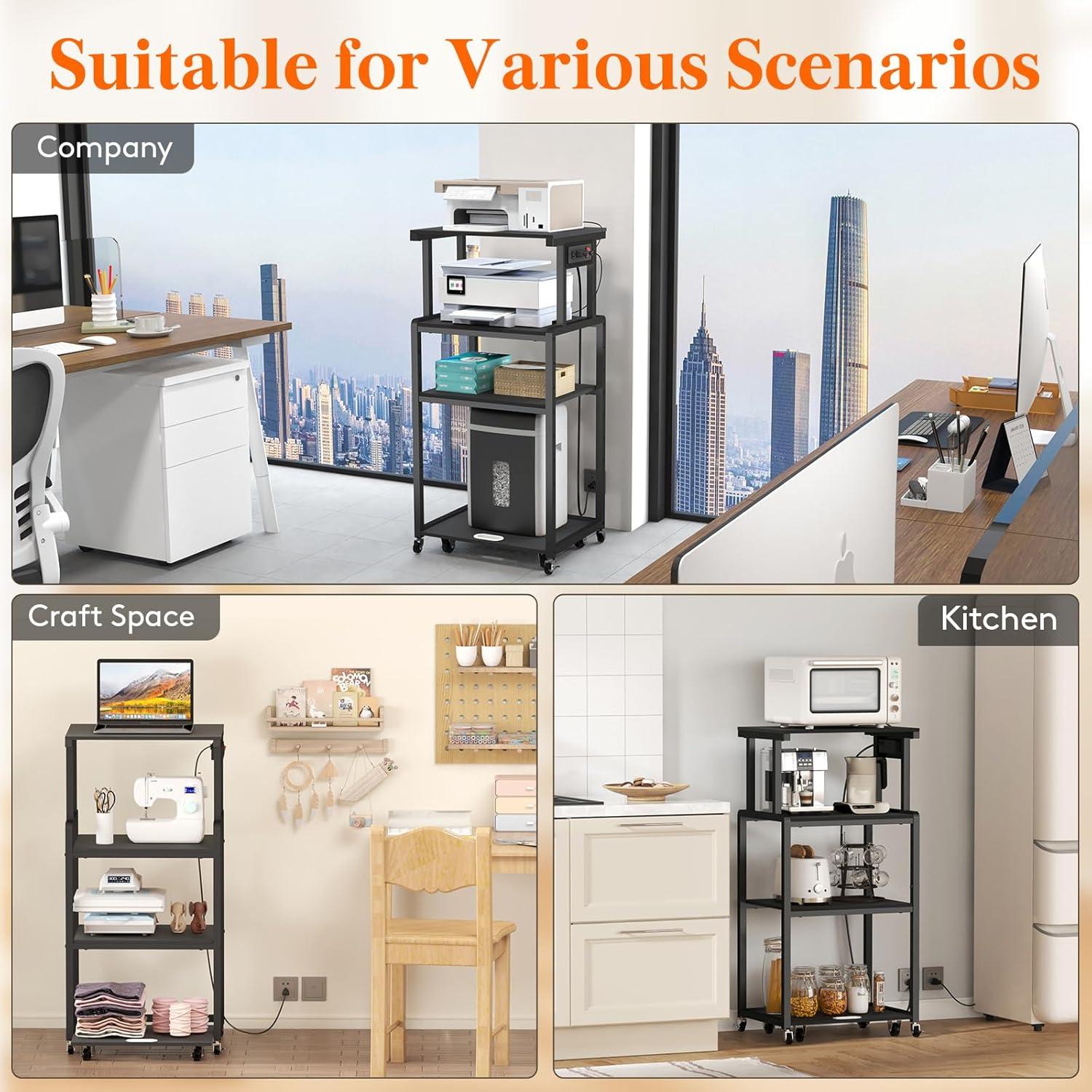 imageLifewit 4 Tier Printer Stand with 3 Power Outlets Wheels and Adjustable Storage Shelf for Home Office Rolling Printer Cart for Shredder Scanner Fax Rustic BrownBlack