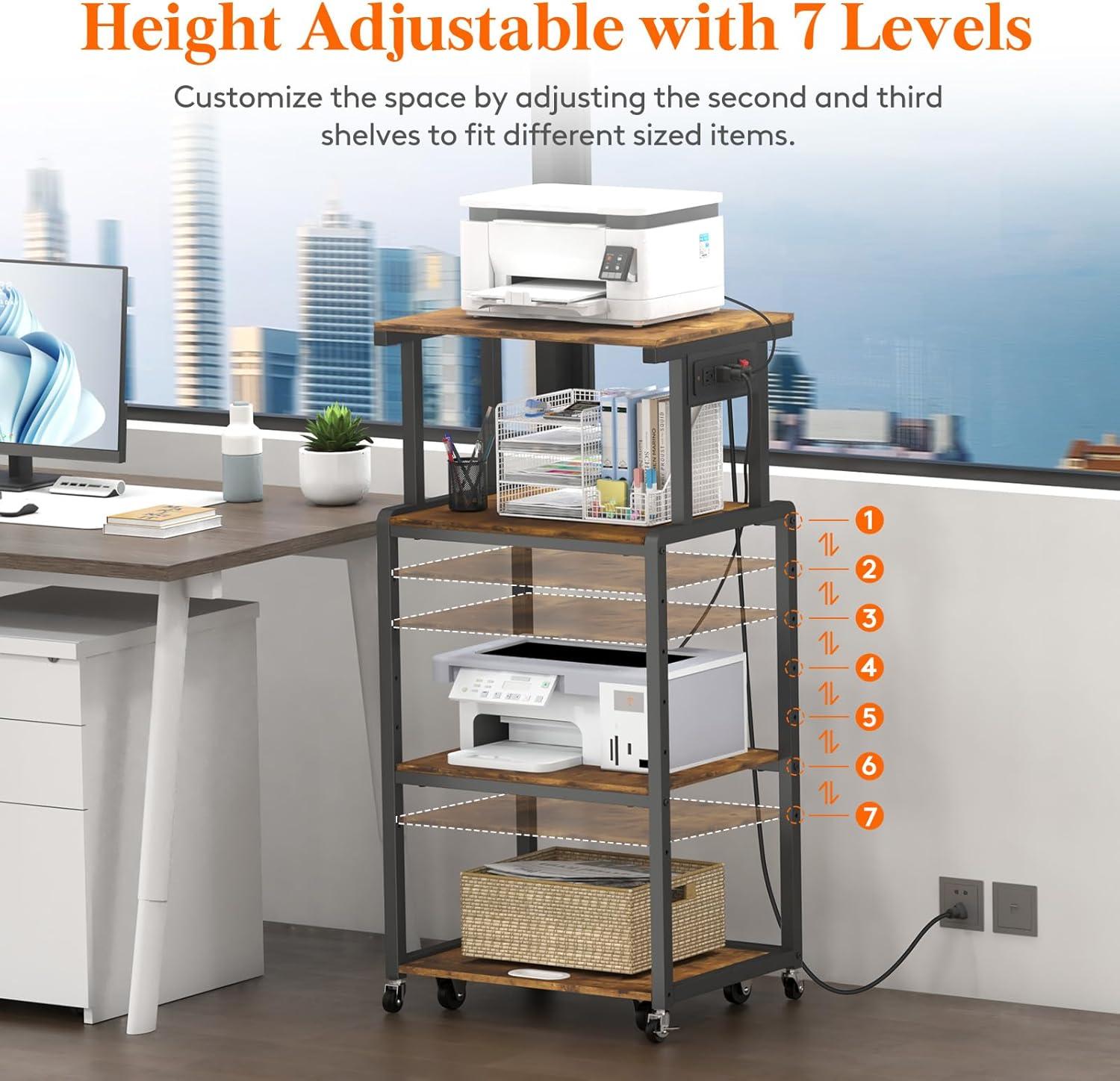 imageLifewit 4 Tier Printer Stand with 3 Power Outlets Wheels and Adjustable Storage Shelf for Home Office Rolling Printer Cart for Shredder Scanner Fax Rustic BrownRustic Brown
