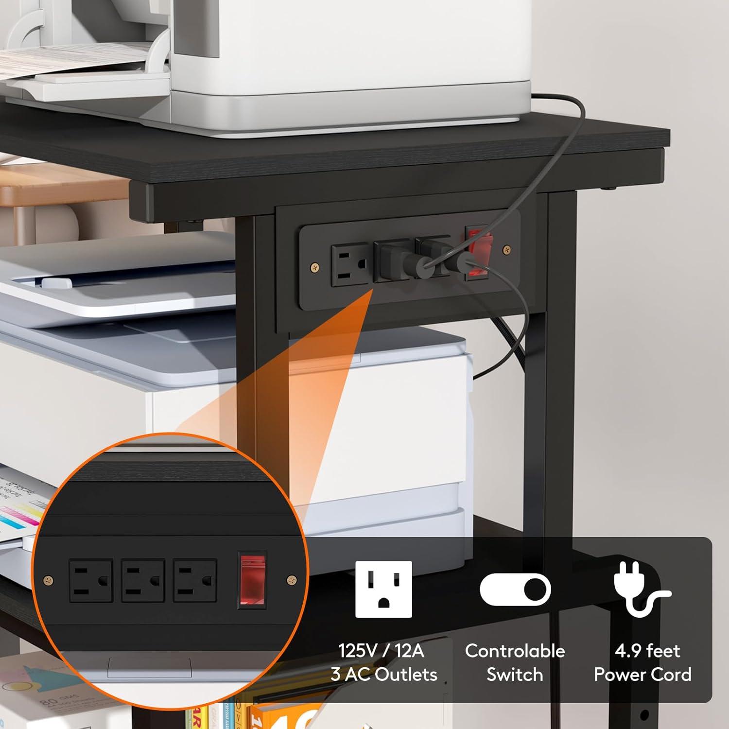 imageLifewit 4 Tier Printer Stand with 3 Power Outlets Wheels and Adjustable Storage Shelf for Home Office Rolling Printer Cart for Shredder Scanner Fax Rustic BrownBlack