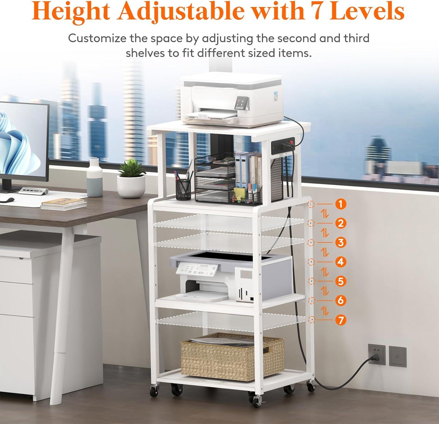 imageLifewit 4 Tier Printer Stand with 3 Power Outlets Wheels and Adjustable Storage Shelf for Home Office Rolling Printer Cart for Shredder Scanner Fax Rustic BrownWhite